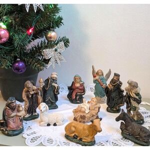 Vintage Nativity Set Miniature Christmas Creche | Complete 10 Piece Holy Family